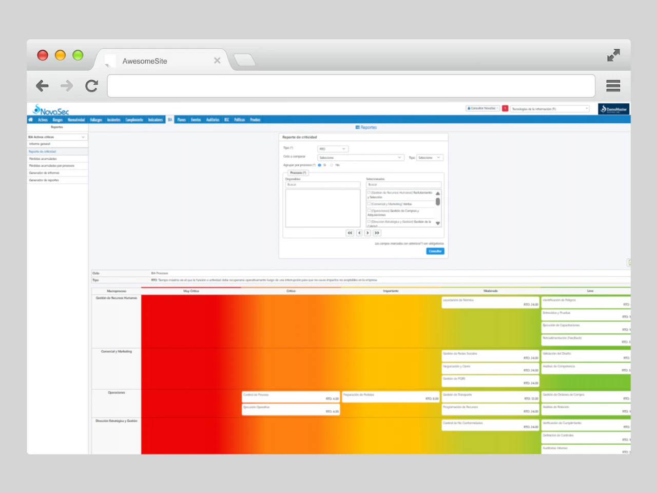 Interfaz del módulo de Análisis de Impacto al Negocio (BIA) en NovaSec GRC mostrando la pantalla de "Reporte de criticidad". Se visualiza un formulario para configurar el tipo de reporte RDO, opciones de filtrado por procesos y una tabla con códigos y tipos de procesos organizacionales como Gestión de Recursos Humanos, Dirección Estratégica, Operaciones y Control de Procesos.