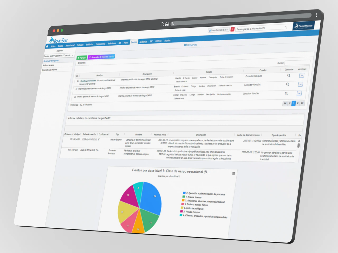 Generador de informes de eventos de riesgo operacional SARO en NovaSec GRC, con tabla detallada de eventos clasificados por código, fecha, confidencialidad, tipo, nombre, fecha de inicio y descripción. Incluye filtros por clase de riesgo Nivel 1 como fraude interno, externo, fallas tecnológicas y daños a activos.