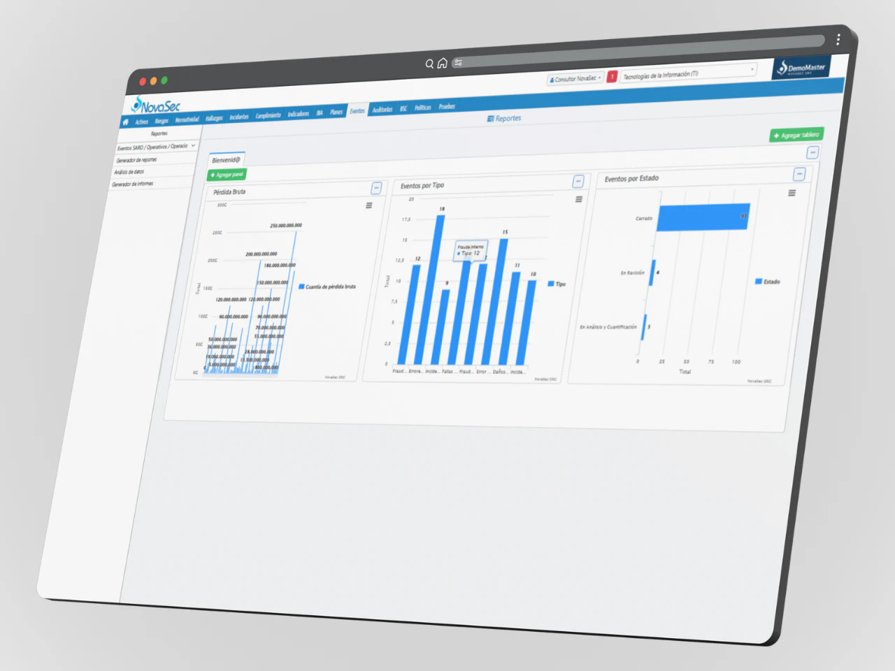 Dashboard visual del módulo de eventos de riesgo NovaSec GRC con gráficos de períodos brutos, costos de crédito bruto y distribución de eventos por tipo. Incluye menú superior de acciones, panel lateral de generación de reportes y herramientas de envío para dashboard.