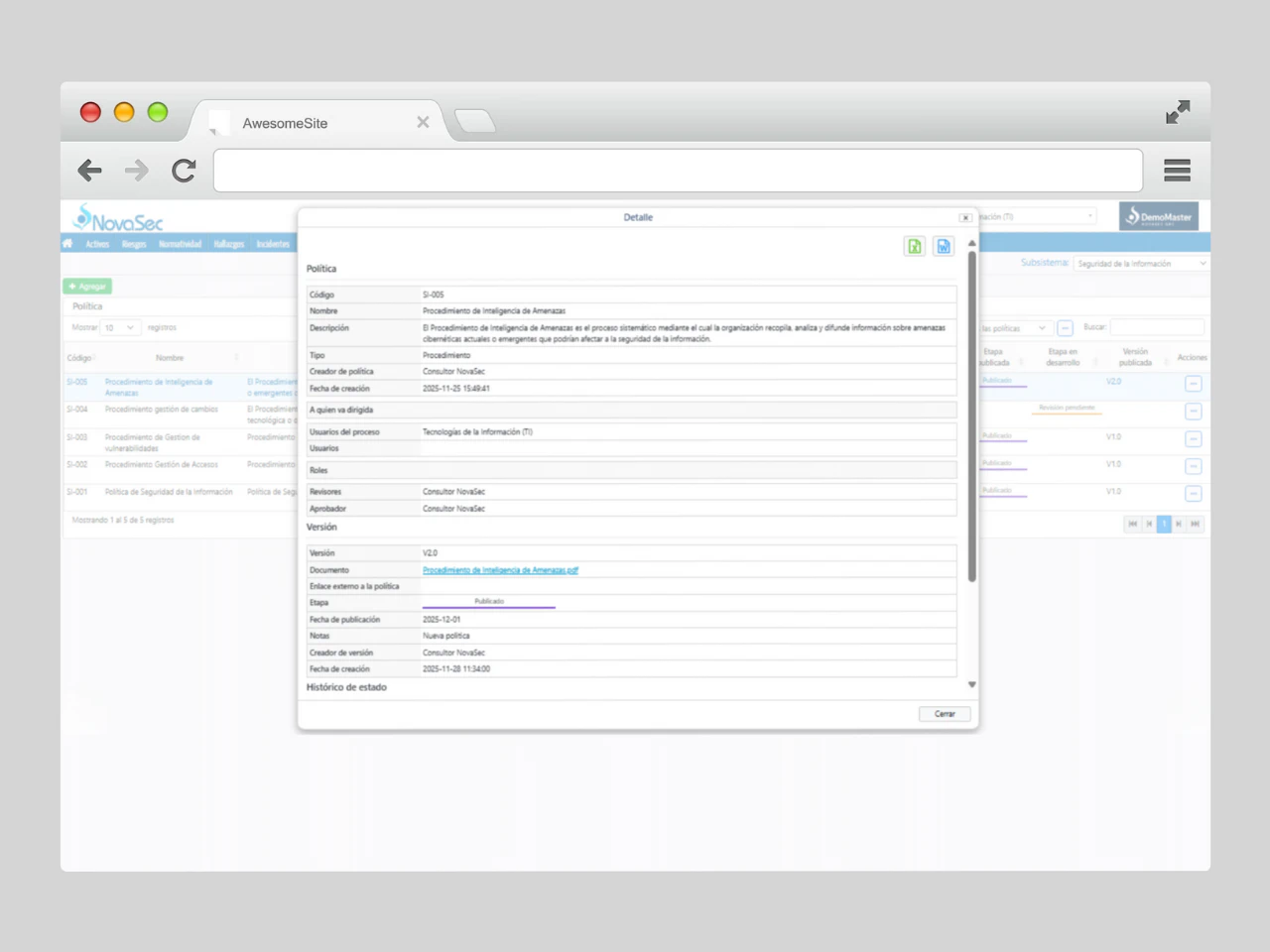 dashboar software modulo politicas procedimientos gestion novasec grc