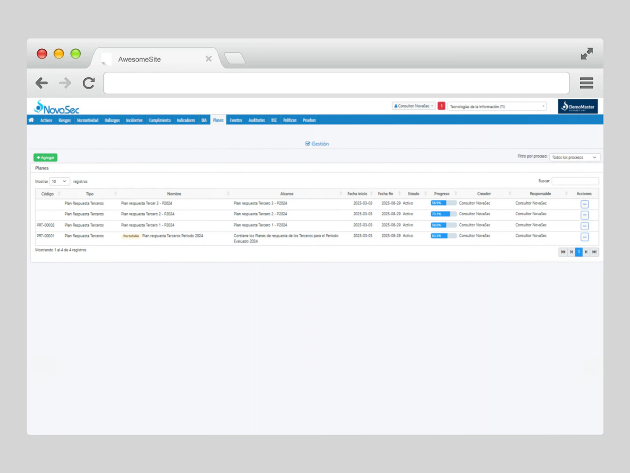 Esta imagen presenta la interfaz de gestión y listado maestro de planes dentro del módulo. Se enfoca en la administración de "Planes de Respuesta a Terceros". La pantalla está dominada por una tabla detallada que permite filtrar y visualizar todos los planes activos. Las columnas de la tabla incluyen información clave como código identificador, tipo de plan, nombre, alcance, fechas de inicio y fin, estado, progreso, creador y responsable. Cada fila tiene acciones asociadas para su gestión. En la parte inferior de la tabla se muestra información de paginación y el total de registros. La imagen también incluye una barra lateral de navegación con acceso a los diferentes módulos del software GRC.