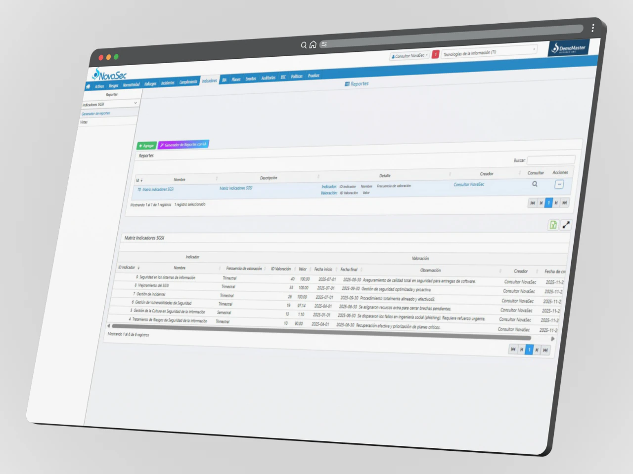 Panel del módulo de Auditoría Basada en Riesgos del software NovaSec GRC, mostrando el generador de reportes con tabla de reportes preconfigurados como 'Mapa de Indicadores SGG' y matriz de indicadores SGG para seguimiento de seguridad en sistemas de información y mejoramiento del SGG.