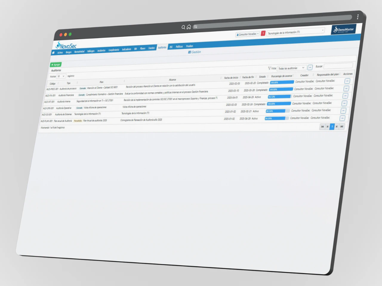 Vista principal del módulo de Auditoría Basada en Riesgos de NovaSec GRC, con lista de auditorías programadas como procesos, financieras, internas y el plan anual, mostrando códigos, tipos y alcance.