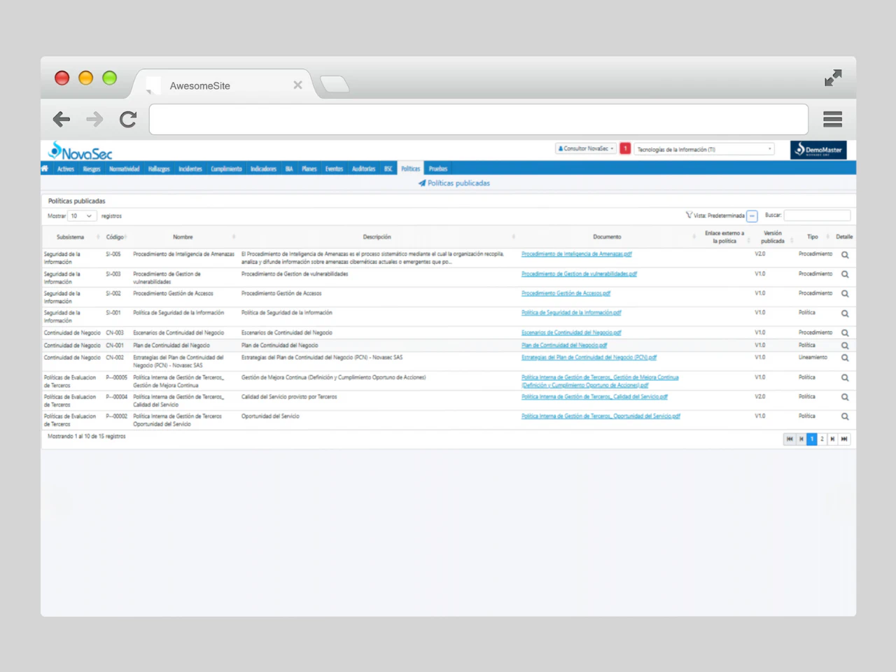 Presentación del dashboard de consulta y visualización del repositorio de políticas y procedimientos publicados. Se trata de una vista tipo lista o biblioteca, donde se pueden filtrar y buscar todos los documentos oficiales de la organización. La tabla es extensa y organiza la información por Subsistema (como Seguridad de la Información, Continuidad de Negocio, Evaluación de Terceros), Código, Nombre, Descripción y el Documento adjunto en formato PDF con su versión. También se indica el tipo de documento (Política, Procedimiento, Lineamiento). La página incluye controles de paginación, mostrando un total de registros, lo que facilita la navegación y el acceso a toda la documentación normativa desde un solo punto.