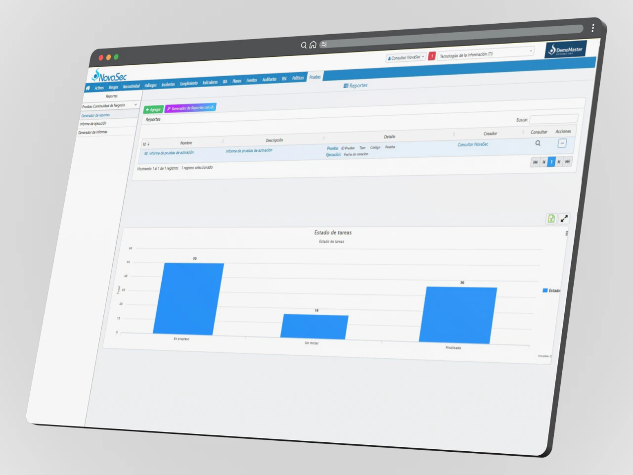 Interfaz del módulo de Pruebas de Gestión de Continuidad en NovaSec GRC con generador de reportes, informe de ejecución y estudio de tareas. Incluye menú de activos, eventos y auditorías, y botones de crear y consultar.