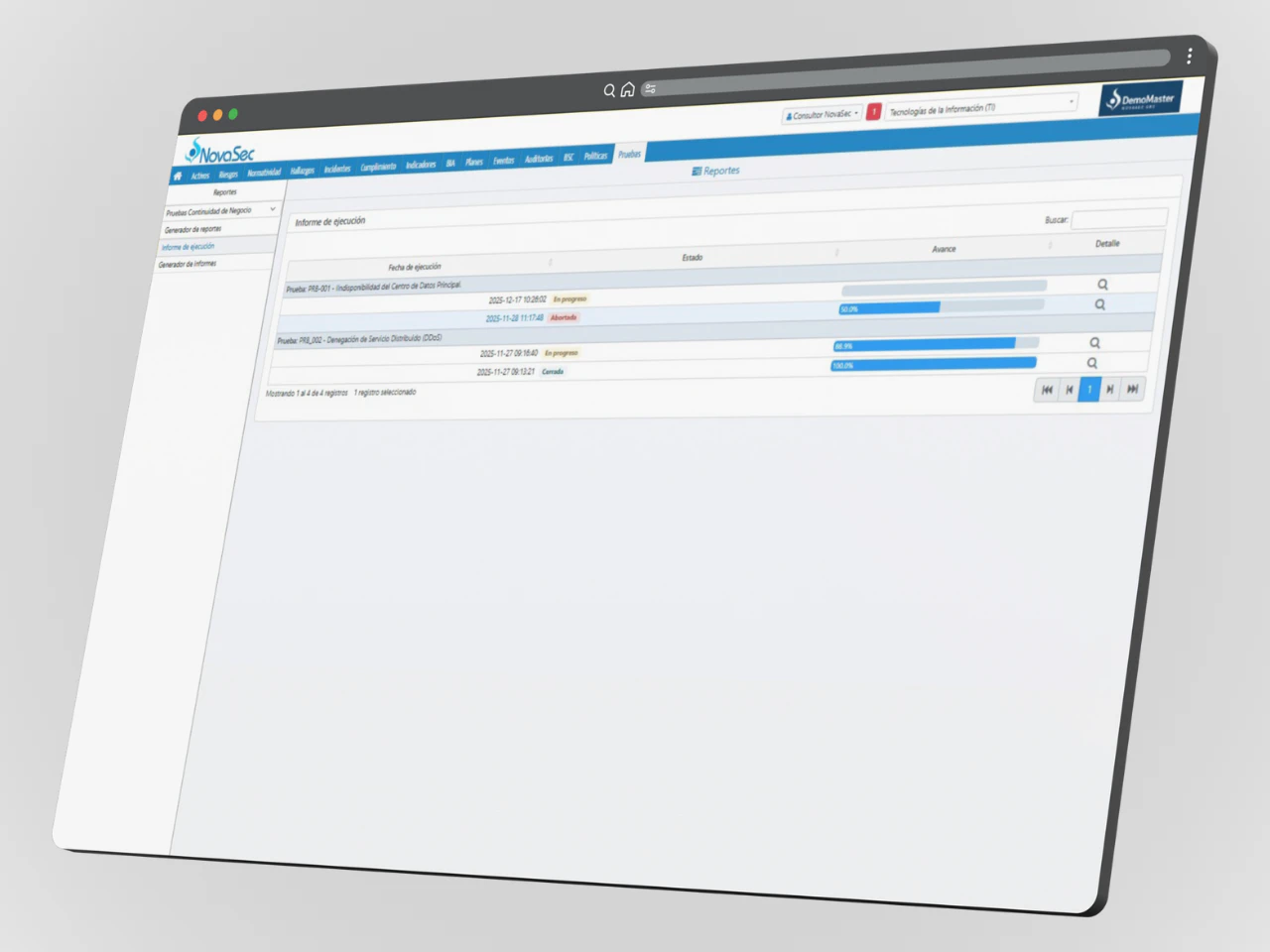 Pantalla del módulo de Pruebas de Gestión de Continuidad en NovaSec GRC mostrando informe de ejecución con tablas de pruebas de disponibilidad y denegación de servicio (DDOS). Se detallan fechas, estados y avances de cada prueba ejecutada.