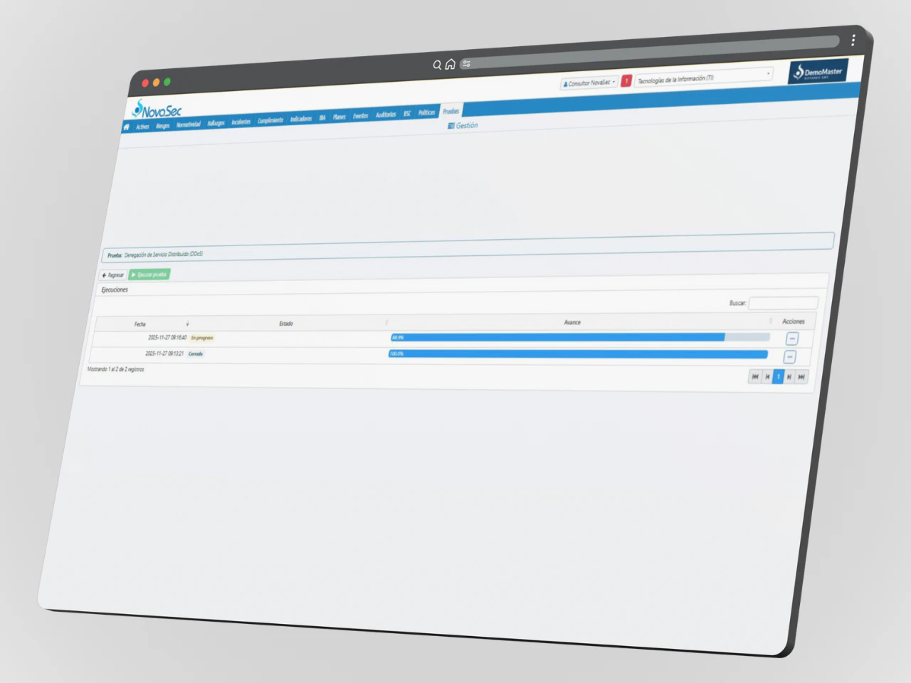 dashboard software modulo pruebas gestion simulador novasec grc