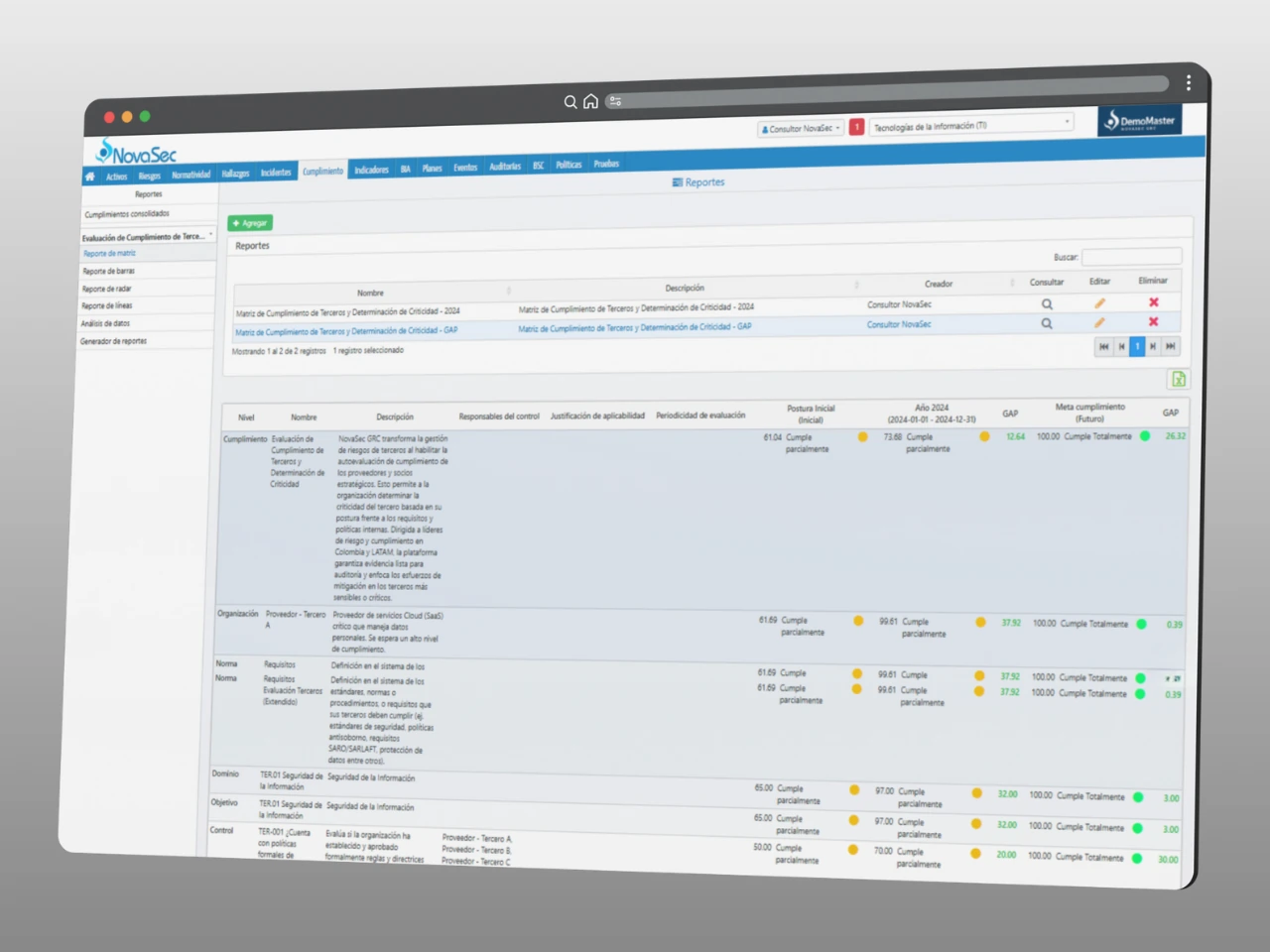 Vista detallada de la matriz de cumplimiento normativo para terceros, mostrando controles, brechas GAP y estado de evaluación.