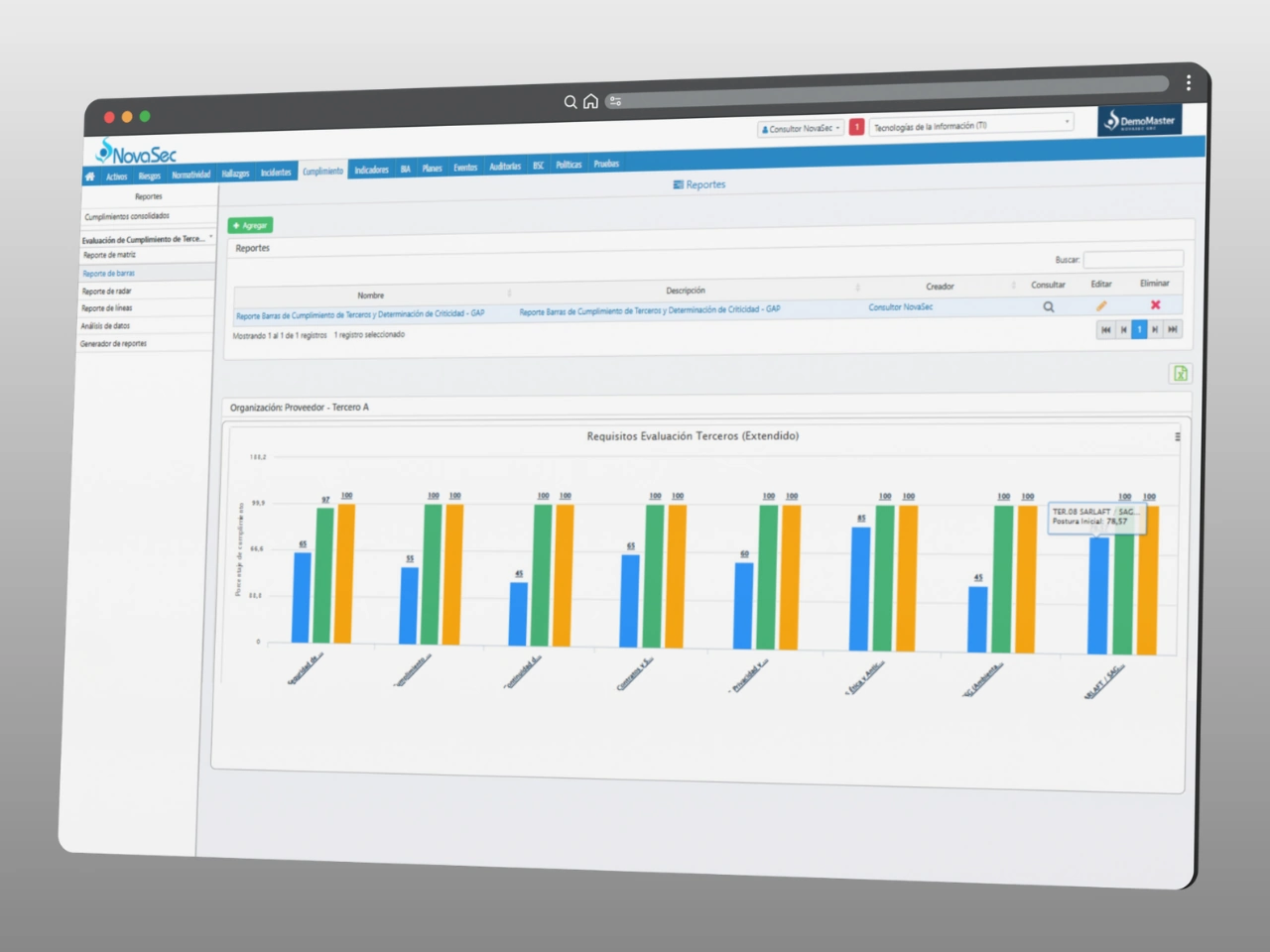 Tabla de reportes de cumplimiento normativo con evaluación extendida de terceros y controles GAP